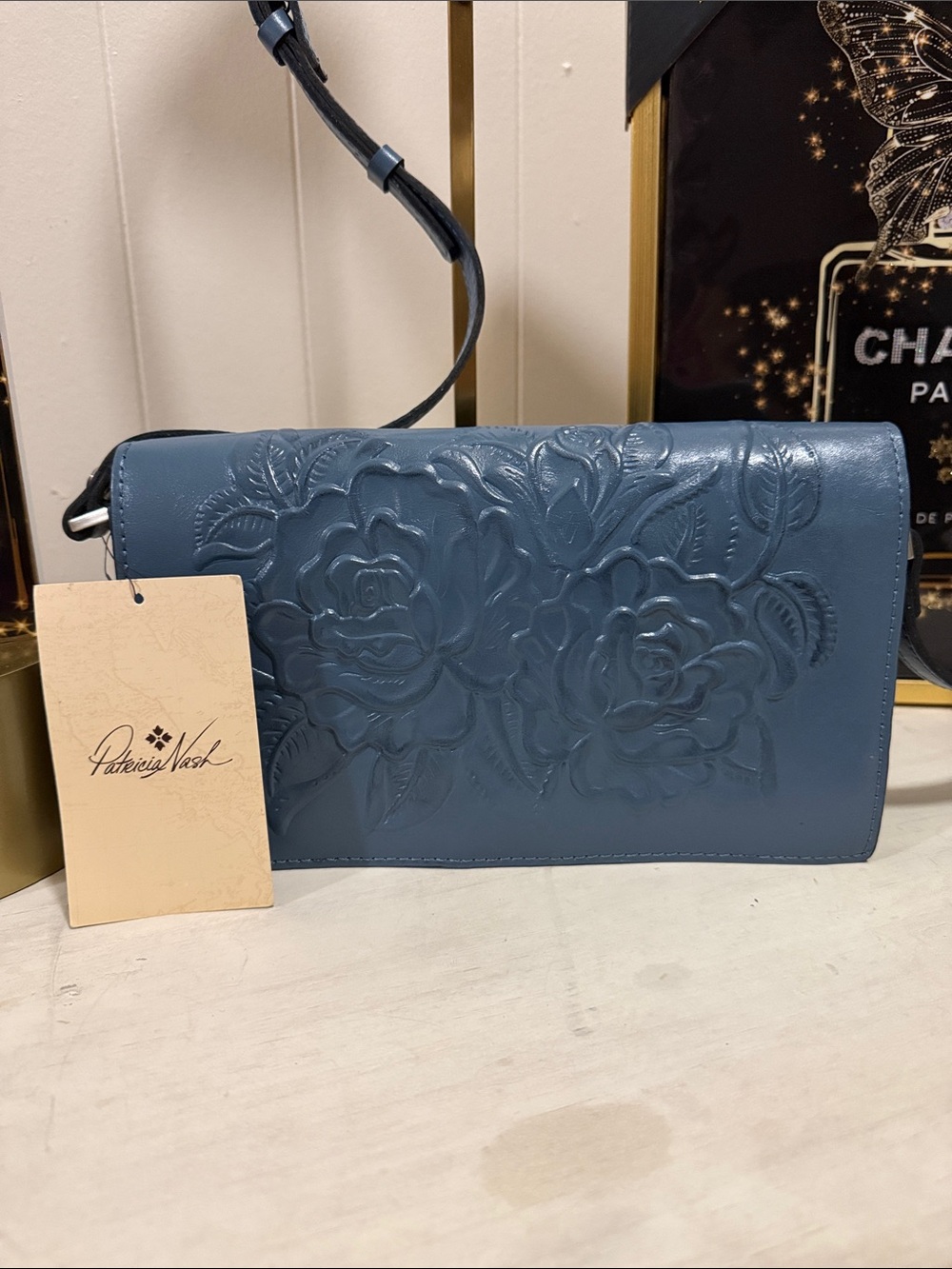 Patricia Nash Slate Blue Floral Embossed Leather Crossbody